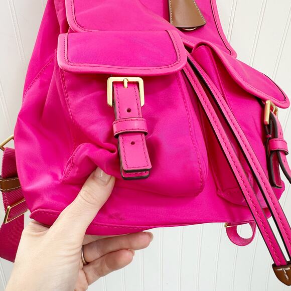 Tory Burch Perry Nylon Flap Backpack Bright Pink Fuchsia Leather Trim Bag - Picture 6 of 16